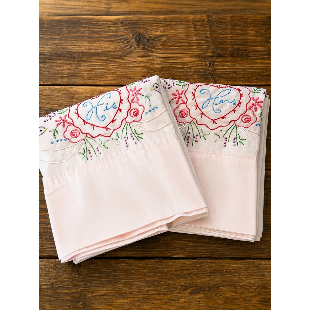 Vintage His Hers Pillowcases Pink Embroidered Birds Floral Cotton Pair Wedding